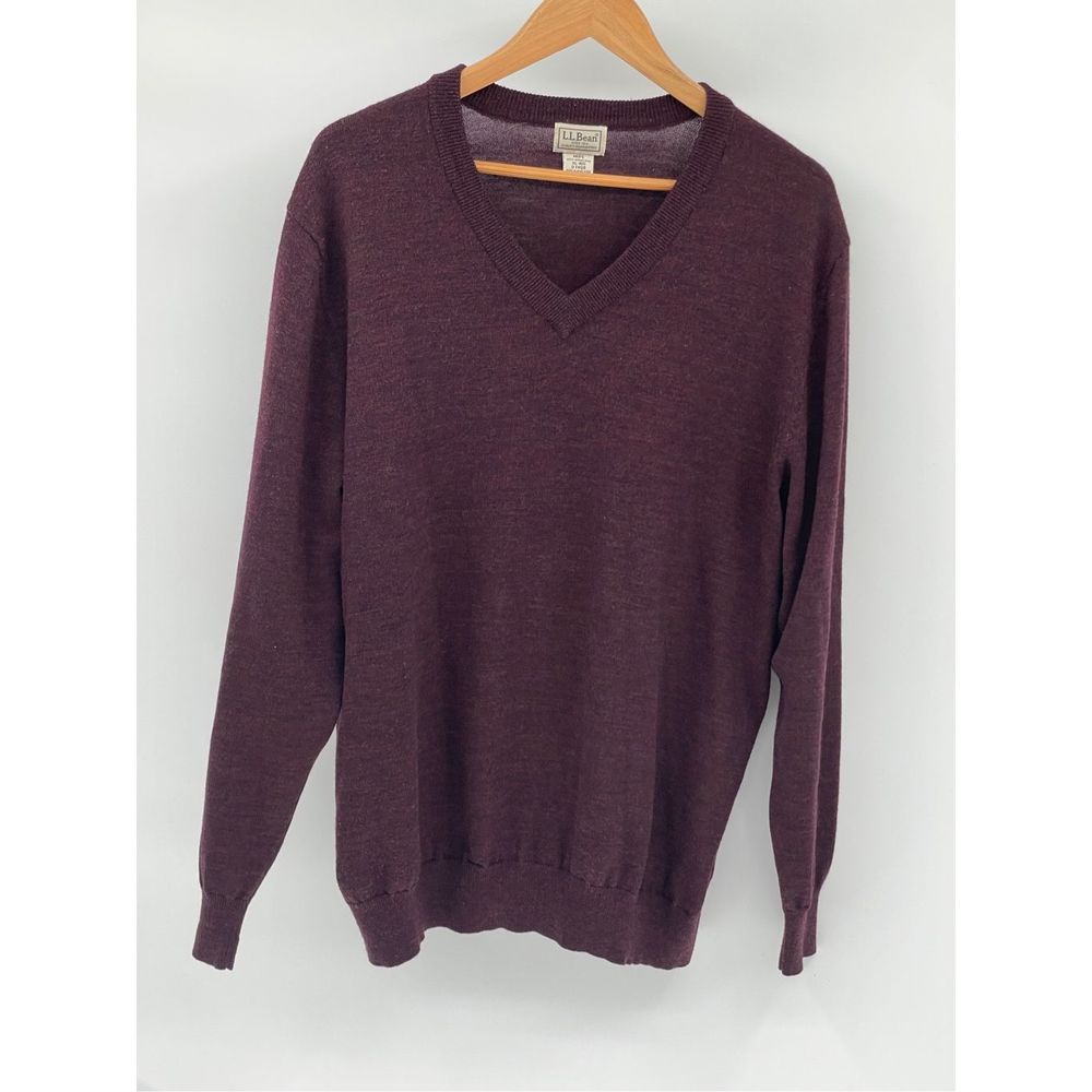 L.L. Bean Sweater V Neck Men XL Maroon Red Merino Wool Long Sleeve‎ Pullover